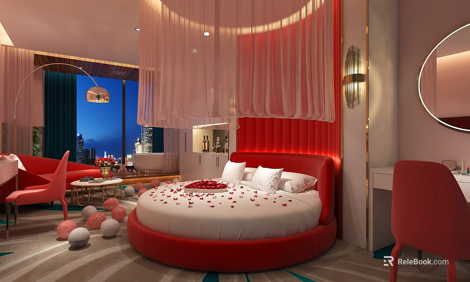 Elegant Hotel Room Featuring Round Red Bed With Rose Petals And City Night View 3d model 