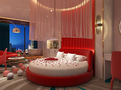 Elegant Hotel Room Featuring Round Red Bed With Rose Petals And City Night View 3d model
