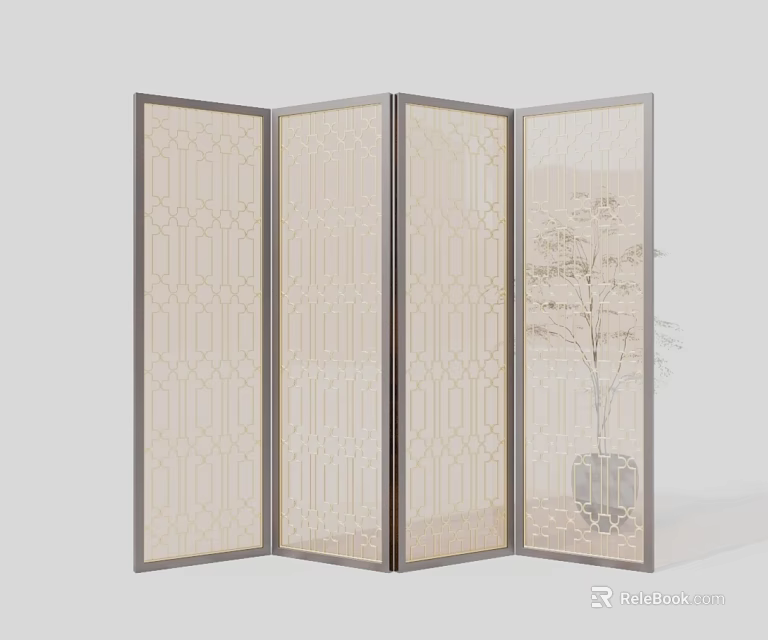 Four Panel Room Divider Screen With Metal Frame Geometric Pattern And Decorative Vase With Branches 3d model