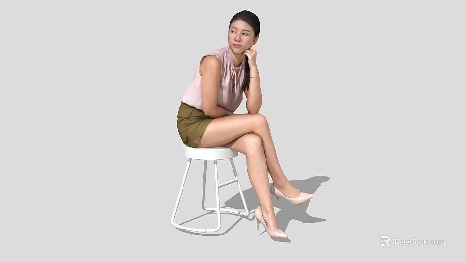 A Woman Sitting On White Stool Wearing Pink Top Green Shorts And Beige High Heels 3d model 