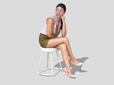 A Woman Sitting On White Stool Wearing Pink Top Green Shorts And Beige High Heels 3d model