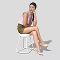 A Woman Sitting On White Stool Wearing Pink Top Green Shorts And Beige High Heels