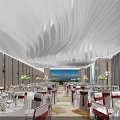 Elegant Banquet Hall with Curved Ceiling Warm Lighting White Tablecloths and Red Decorated Chairs