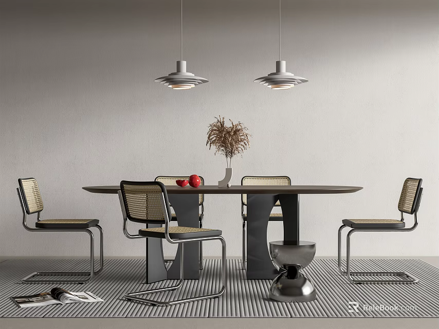 Modern Round Dining Table Set With Chairs Pendant Lights Vase And Striped Rug 3d model 