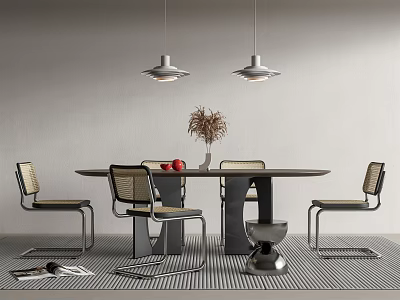 Modern Round Dining Table Set With Chairs Pendant Lights Vase And Striped Rug 3d model