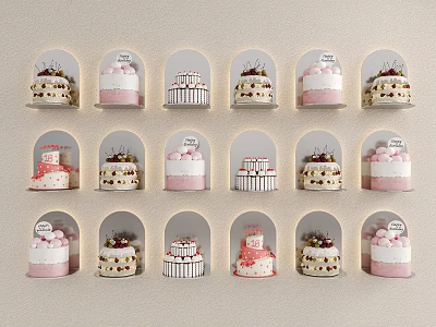 Assorted Cakes Displayed on Wall with Arched Frames Featuring Cream Toppings and Fruit Decorations 3d model