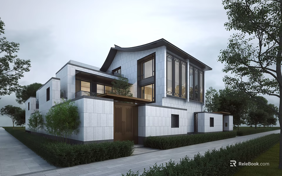 Modern Single Family Villa Exterior Design With Greenery And Pathway 3d model 