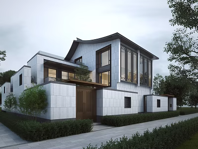 Modern Single Family Villa Exterior Design With Greenery And Pathway 3d model