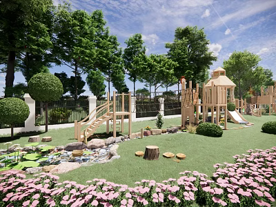 Scenic Water Fountain in Outdoor Park with Green Lawn Pink Flowers and Playground 3d model