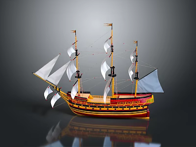 Detailed Wooden Ship Model With Three Masts White Sails And Red Yellow Hull 3d model