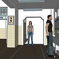 Public Restroom Interior With Men's Sign Hygiene Notice Tiled Walls And People