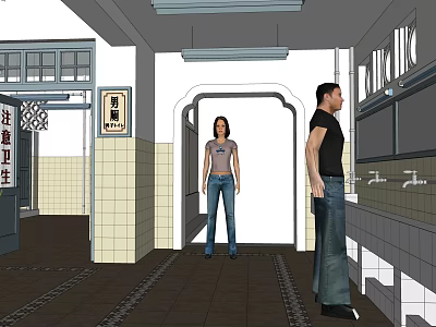 Public Restroom Interior With Men's Sign Hygiene Notice Tiled Walls And People 3d model