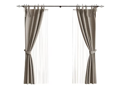 Gray Fabric Curtains With White Sheer Panels Tied Design And Metal Rod 3d model
