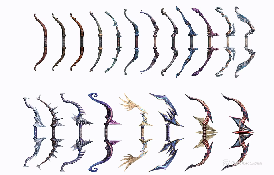 Various Designed Decorative Bows As Unique Weapon Collection With Colorful Details 3d model 