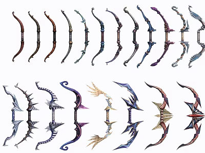 Various Designed Decorative Bows As Unique Weapon Collection With Colorful Details 3d model