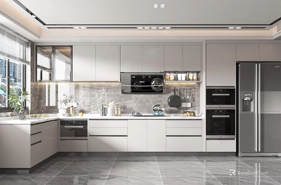 Modern Kitchen Interior Design With White Cabinets Sleek Countertop And Built In Appliances 3d model 