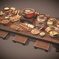 Assorted Delicious Foods On Wooden Table With Soup Skewers Meatballs And Vegetables