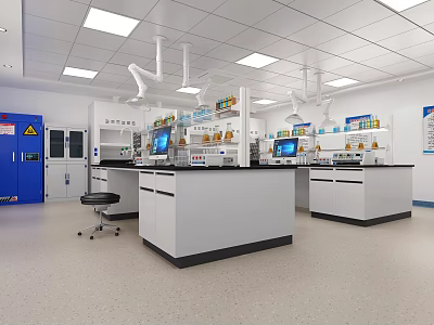 Modern Laboratory Interior With Workbenches Equipment Storage Cabinets And Safety 3d model