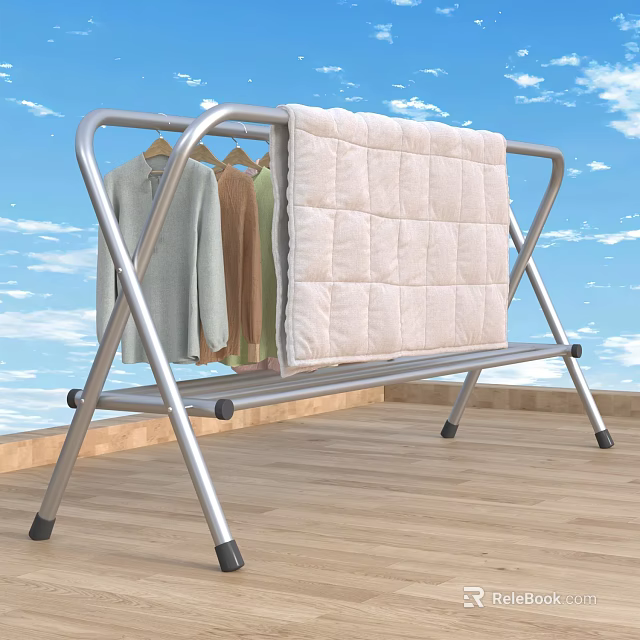 Metal Clothes Drying Rack With Hanging Bars Drying Clothes And Quilt On Balcony 3d model 