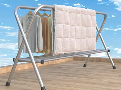 Metal Clothes Drying Rack With Hanging Bars Drying Clothes And Quilt On Balcony 3d model