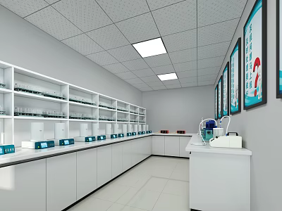 Modern Laboratory Interior With White Benches Glass Shelves And Scientific Equipment 3d model