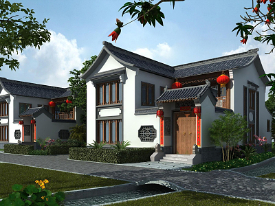 New Chinese Townhouse Villa Exterior 3d model