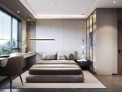 Modern Bedroom Interior Design With Bed Nightstand Table Lamp Desk Chair And Large Window 3d model
