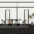 Modern Glass Hinged Doors In Interior Space With Dining Table Chairs And Potted Plant
