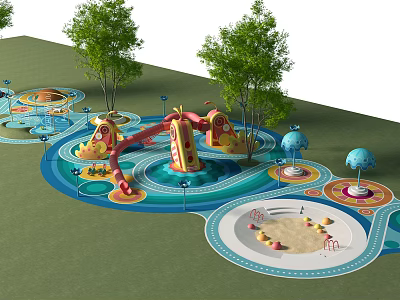 Vibrant Kids Playground With Slides Sandpit Trees And Colorful Play Surfaces 3d model