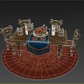 Cartoon Dining Scene Featuring Wooden Table Chairs Roast Chicken Blue Tablecloth Candles And Red Carpet