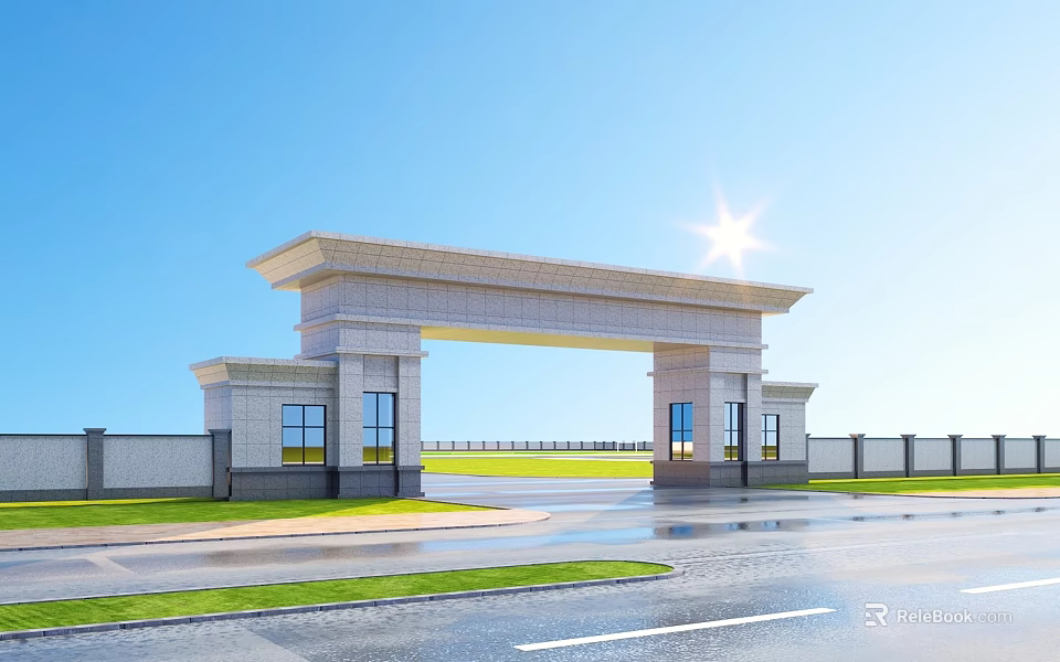 Grand Stone Entrance Gate With Pillars Lawn And Blue Sky Background 3d model 