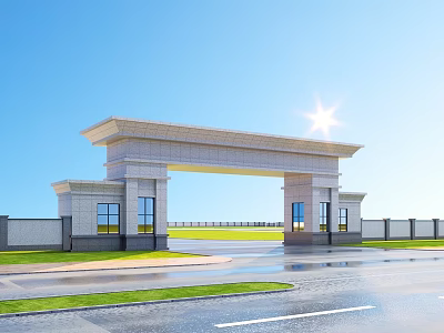 Grand Stone Entrance Gate With Pillars Lawn And Blue Sky Background 3d model