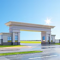Grand Stone Entrance Gate With Pillars Lawn And Blue Sky Background