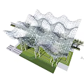 Modern Wavy Pergola Design With Geometric Lattice Green Lawn And Trees