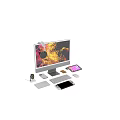 Modern Computer Monitor Setup With Vibrant Display Headphones Smartphone Smartwatch Keyboard Mouse And Tablet