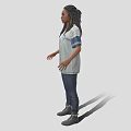 A Woman Standing in Striped Shirt Blue Jeans and Boots on Neutral Background