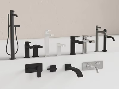 Various Style Faucets in Black White Silver Colors Displayed on White Countertop 3d model