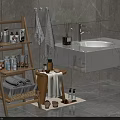 Bathroom Accessories Organized With Wooden Ladder Shelf Towels Toiletries And Wall Mounted Sink