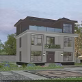 Two Story Detached Villa With White Exterior Brown Roof Balcony Glass Railings Garden Green Plants Stone Pavement Blue Sky
