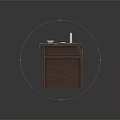 Wooden Table With White Scalloped Edge Tablecloth Decorative Items And Lower Shelf Cabinet