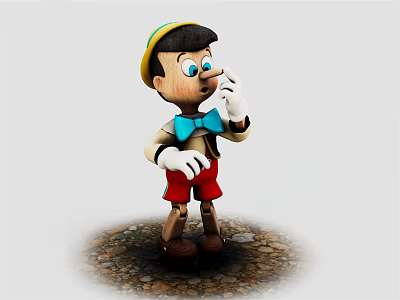 Pinocchio Wooden Puppet Standing with Yellow Hat Blue Bow Tie Red Shorts Finger on Nose 3d model