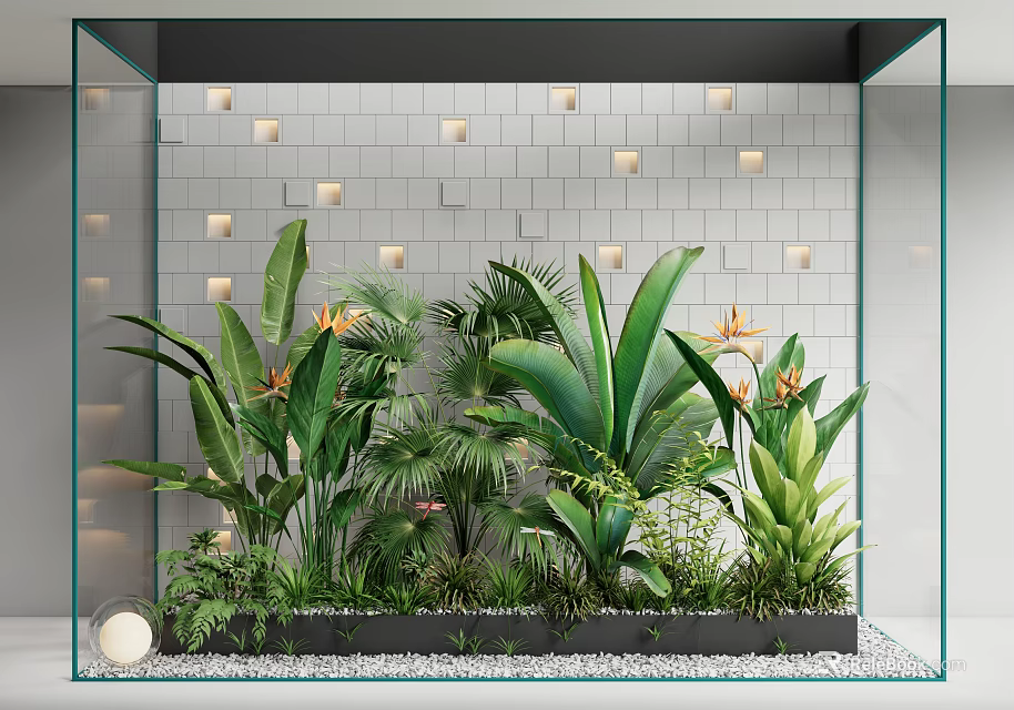 Tropical Plants in Glass Container with White Brick Wall and Small Lights Decoration 3d model 