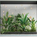 Tropical Plants in Glass Container with White Brick Wall and Small Lights Decoration
