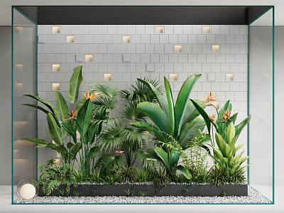 Tropical Plants in Glass Container with White Brick Wall and Small Lights Decoration 3d model