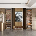 Luxury Modern Wine Cabinet Design With Fireplace Decorative Painting And Green Plant