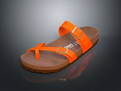 Bright Orange Sandals With Double Buckles And Brown Sole On Black Background 3d model