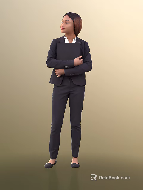 Woman in Dark Professional Suit Standing with Arms Crossed Over Chest Against Beige Background 3d model 