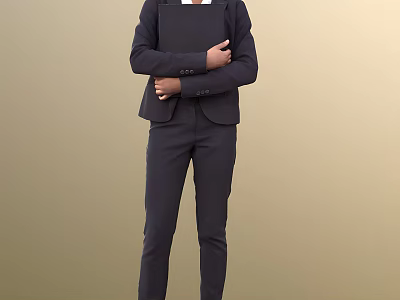 Woman in Dark Professional Suit Standing with Arms Crossed Over Chest Against Beige Background 3d model
