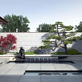 Chinese Courtyard Garden With Red Maple Tree Pine Statue Waterfall And Stone Wall Design 3d model