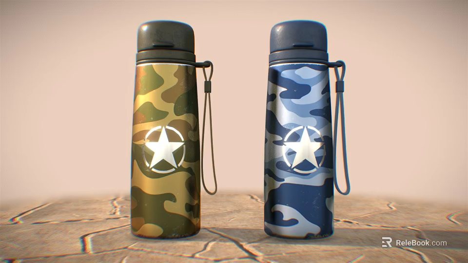 Two Camouflage Pattern Thermal Cups With White Star Logo And Carabiner Straps 3d model 
